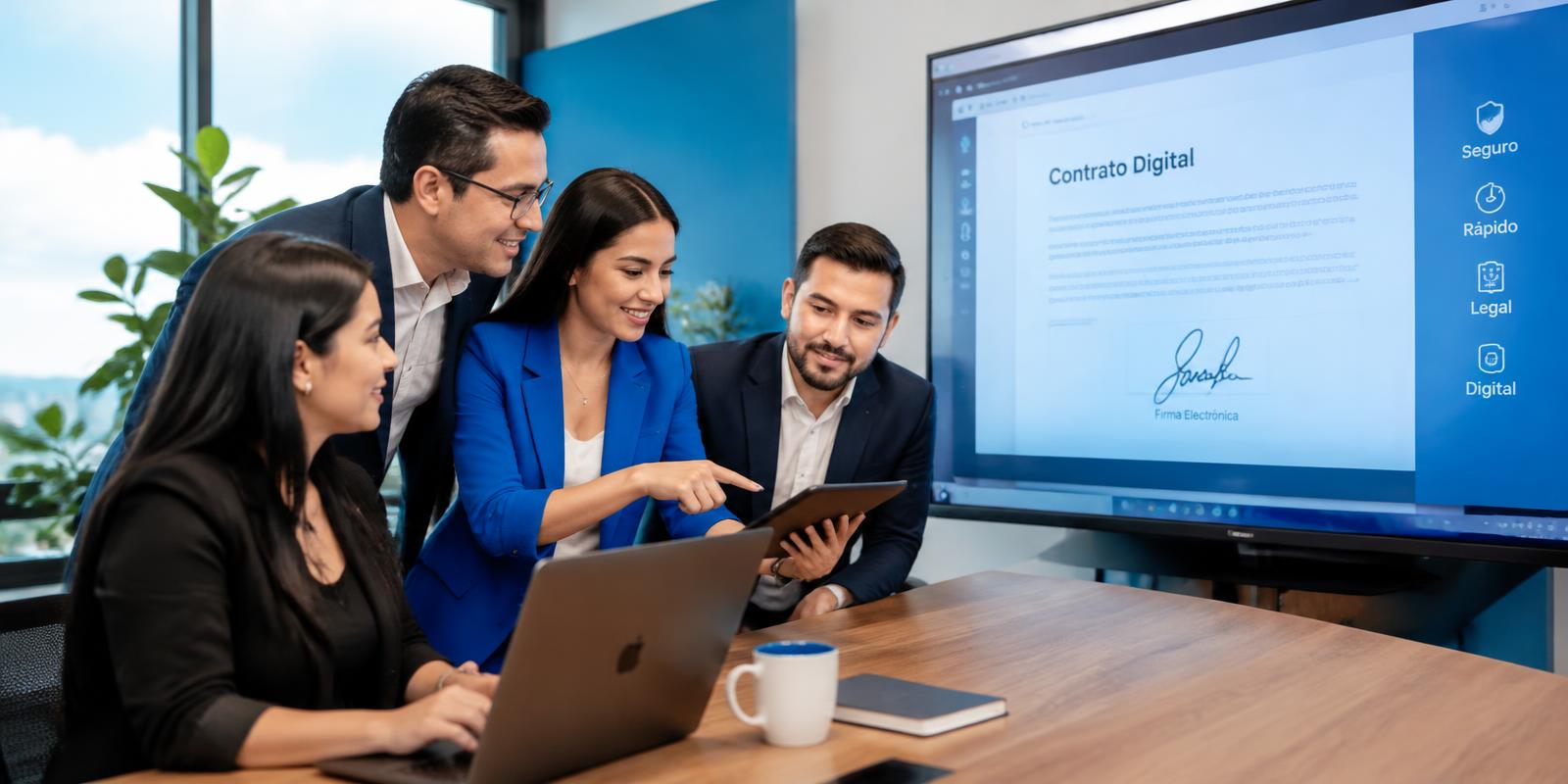 Equipo revisando un contrato digital con firma electrónica
